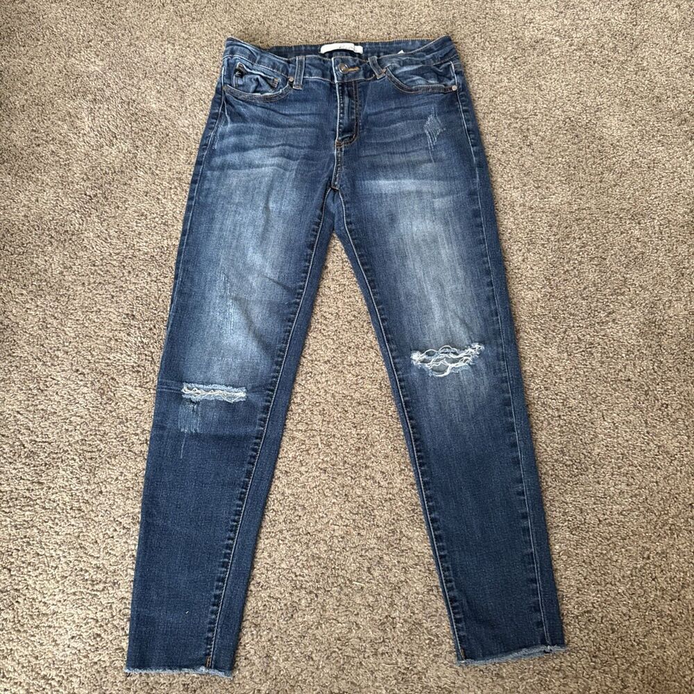 KanCan Distressed Dark Wash High Rise Skinny Jeans Size 28 Raw Hem Slim Stretch